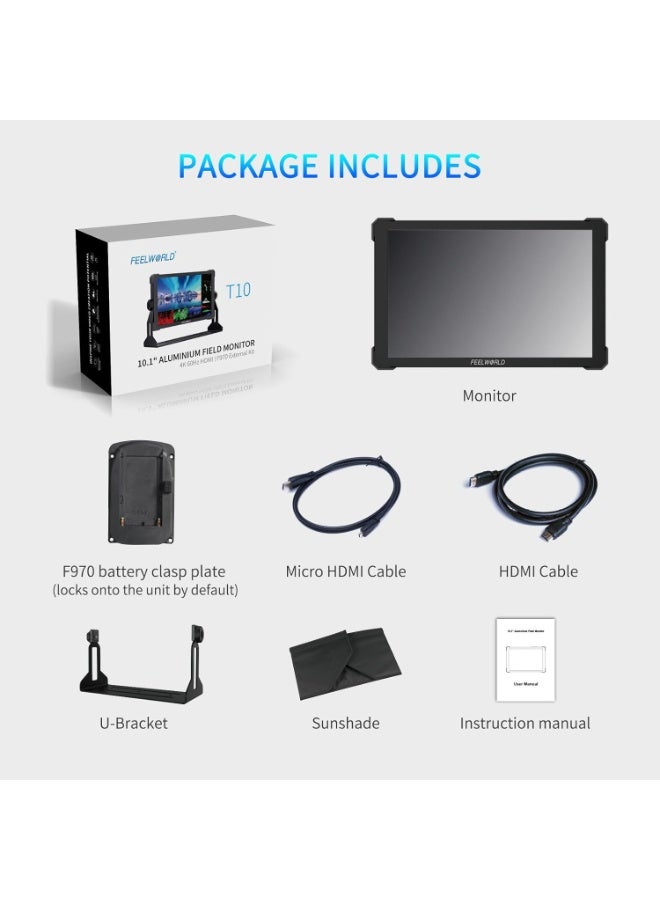 FEELWORLD T10 10.1 Inch Aluminium Camera Field DSLR Monitor Touchscreen Waveform HDR 3D LUT Out F970 Install and Power Kit - Image 3
